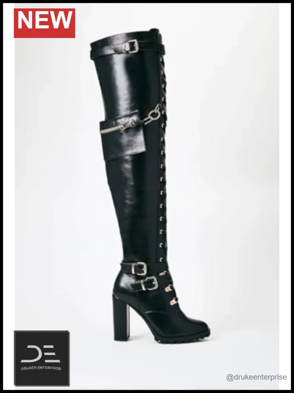 Chunky Block Heel Over the Knee Boots Lace Up Combat Riding Boots Side Zipper